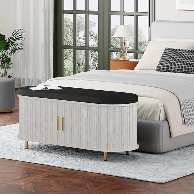DHH 2-Tier Storage Bench,Wide Shoe Bench with Thickened Padded Seat Cushion, Mid Century Modern Fluted Sliding Door and Adjustable Shelf, for Entryway, Living Room, Bedroom (Grayish White, 43.3“)