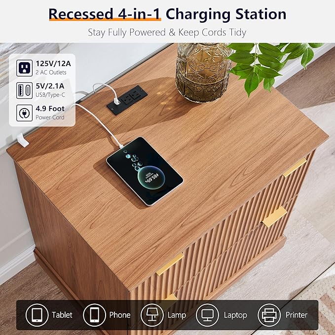 JXQTLINGMU 2 Drawer File Cabinet with Charging Station, 30" Fluted Lateral File Cabinet w/Files Hanging Rod for Letter/Legal/A4, Large Tabletop for Printer, Office Wood Printer Cabinets, Dark Grain
