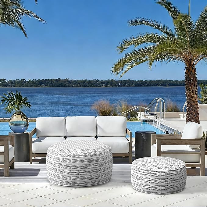 LVTXIII Indoor/Outdoor Inflatable Ottoman with Handle D21 x H9 Inch, Weather-Resistant Round Footstool Pouf for Patio Camping Living Room, Portable Footrest Extra Seating, Herringbone Black White