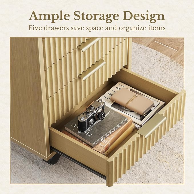 5 Drawer Chest, Under Desk Storage Wood Drawers with Wheels,Fluted File Cabinet for Home Office, Natural Walnut