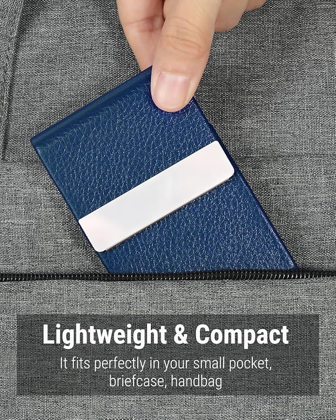 MaxGear Business Card Holder, PU Leather & Stainless Steel Business Card Case for Men or Women, Slim Name Cards Holder RFID Blocking Credit Cards Carrier with Magnetic Closure, Blue