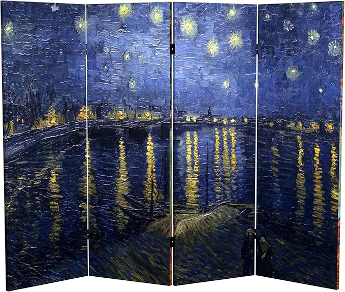 Red Lantern 4 ft. Short Double Sided Works of Van Gogh Canvas Folding Screen Irises/Starry Night Over Rhone 4 Panel Freestanding Partition and Separator for Modern and Contemporary Bedroom Home Office