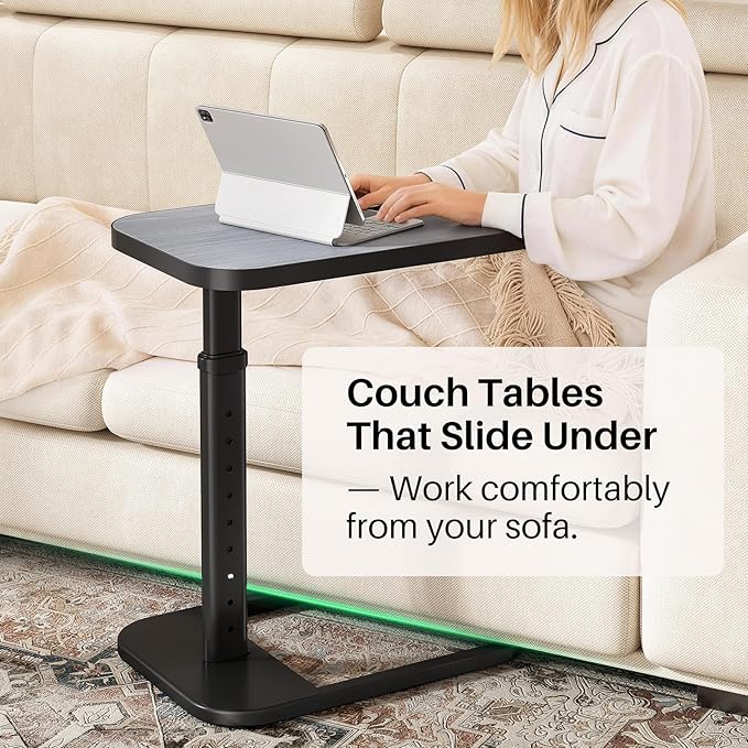 Kitstorack Adjustable Height C-Shaped End Table, 9-Level Side Table with Metal Rounded Edge, Couch Table that Slides Under Sofa or Bed, Eating, Working, and Drinks, TV Tray for Small Space, Dark Gray