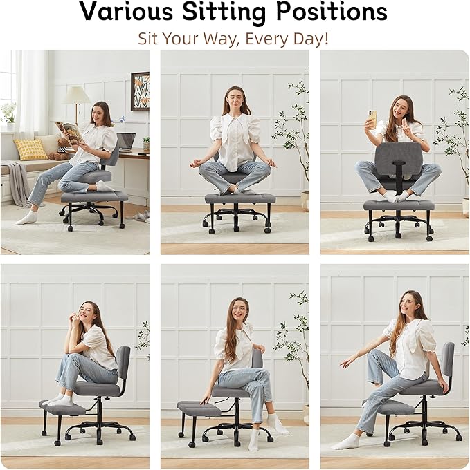 Ergonomic Criss Cross Legged Office Chair, ADHD Chair, 360° Swivel Meditation Kneeling Chair with Wheels, Adjustable Footrest, Bigger & Wider Height Adjustable Seat, Strong Lumbar Support, Greycloth
