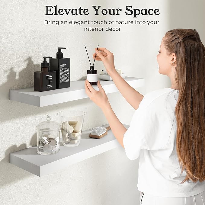 White Floating Shelves for Wall, 7.9" Deep Wall Mounted Wood Shelves for Bathroom, Bedroom, Living Room, Kitchen, Hanging Shelf for Books/Storage/Room Decor (White, 16")