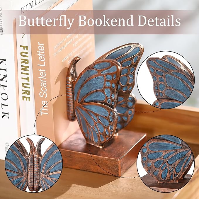 Blue Butterfly Bookends - Creative Book Stopper, Vintage Heavy Duty Book Ends, Decorative Bookends for Heavy Books