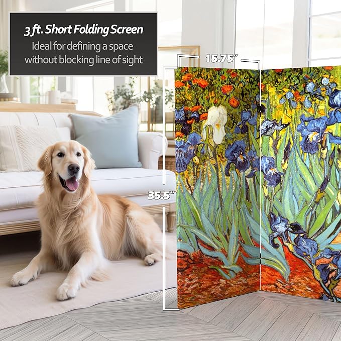 Red Lantern 3 ft. Short Double Sided Works of Van Gogh Canvas Folding Screen Irises/Starry Night Over Rhone 3 Panel Freestanding Partition and Separator for Modern and Contemporary Bedroom Home Office