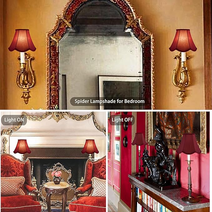 GOSO 8" Scalloped Lamp Shades Set of 2 Small Mini, 4"×8" ×6.4" Spider Burgudy Red Victorian Lampshade for Table Lamps,Wall Lamp Bell Lamp Shade Repalcement, Faux Silk Lampshades Art Deco & Modern