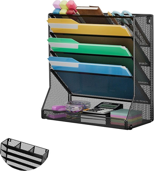 Jakyitvi File Organizer Wall Mounted 5 Tiers, Durable Adjustable Metal Vertical Hanging, Stable R-Shaped Bottom 4 Pull-Out Deviders to Sort File,Mail,Newspaper,Pen, Suitable for Office,Black
