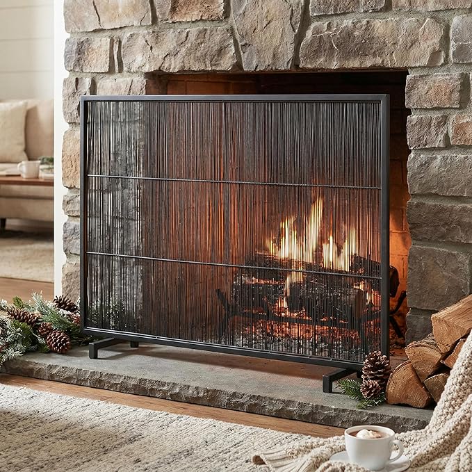 Christopher Knight Home Suho 1-Panel Iron Fireplace Screen with Vertical Bar Pattern, Durable Fire Spark Guard, Rectangular Fire Place Gate Protector for Living Room, 39" x 30", Black