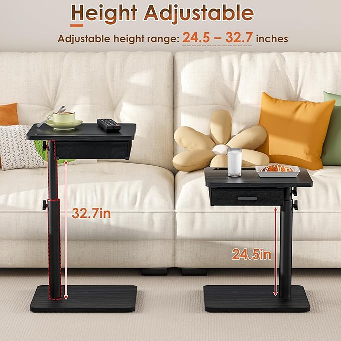 TV Tray with Drawer & Device Slot, Swivel Height Adjustable bedside table, Sofa Side Table for Eating, C Shaped Couch Table for Living Room & Bedroom, Portable Snack End Table for Couch & Bed, Black