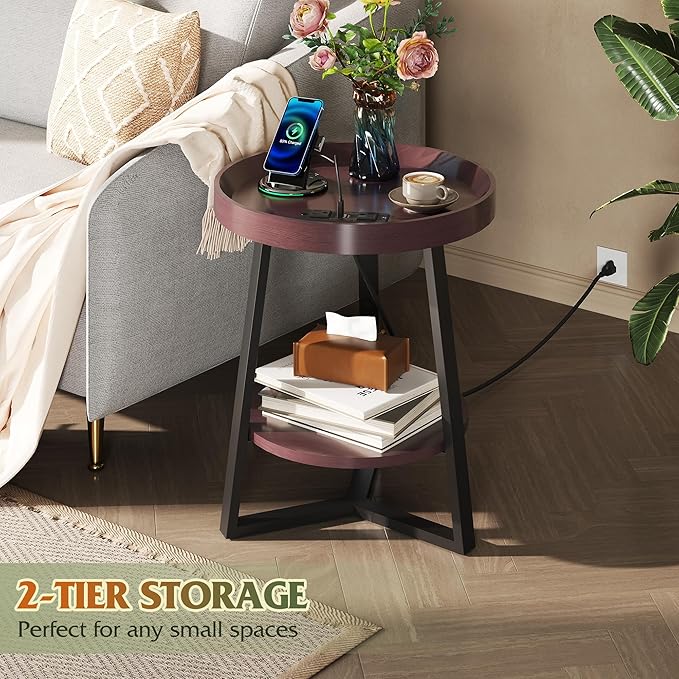 WLIVE Small Round Side Table with Charging Station, Round Coffee Table, 2 Tier End Table for Living Room/Bedroom, Sofa Couch, Easy to Assemble, Wood Tabletop & Metal Frame, Brown