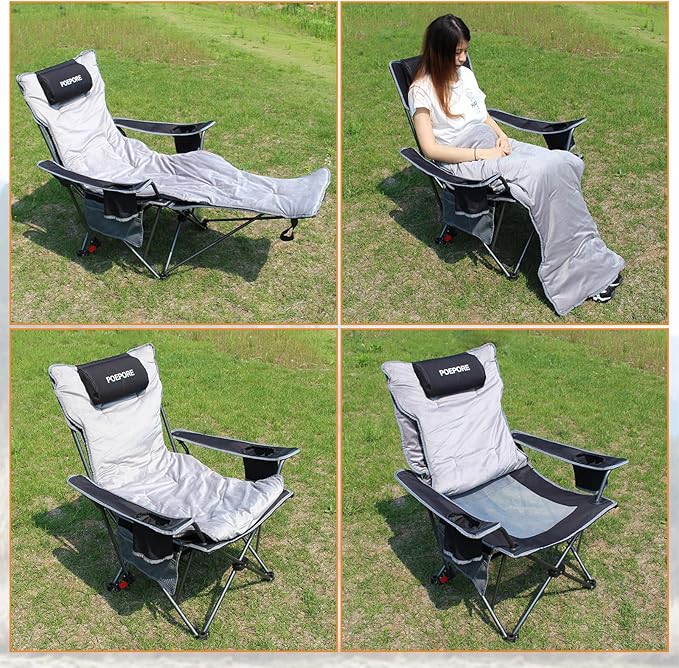 Reclining Camping Chair with Removable Footrest Lounge Chair with Headrest, Cotton Cushion, Portable Adjustable Folding Chairs