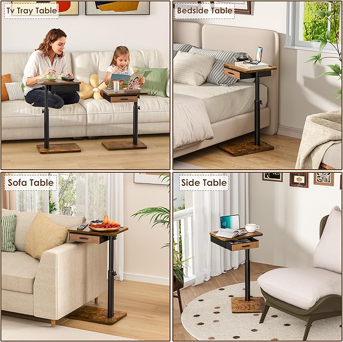 Simple Serenity TV Tray Table with Drawer & Swivel Top, Height Adjustable TV Tray for Eating on Couch, C Shaped End Table for Couch, Sofa Desk Couch Table for Bedroom & Living Room, Patent Pending