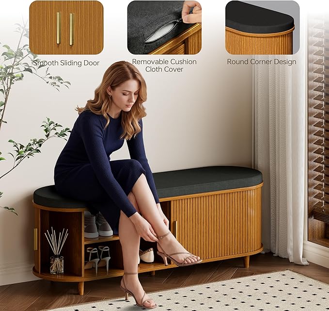 DHH 2-Tier Storage Bench,Wide Shoe Bench with Thickened Padded Seat Cushion, Mid Century Modern Fluted Sliding Door and Adjustable Shelf, for Entryway, Living Room, Bedroom (Yellow Walnut, 51.2”)