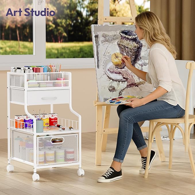 SWTYMIKI Rolling Under Desk Storage - Storage Cart with Drawers & DIY Divider - Art Cart Organizer on Wheels - Craft Rolling Utility Cart for Office, Craft Room & Studio White