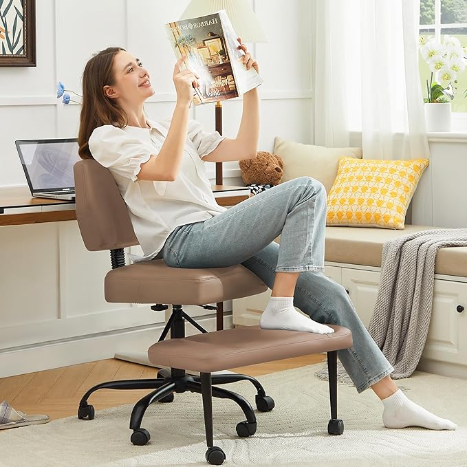 Ergonomic Criss Cross Legged Office Chair, ADHD Chair, 360° Swivel Meditation Kneeling Chair with Wheels, Adjustable Footrest, Bigger & Wider Height Adjustable Seat, Strong Lumbar Support, Brown PU