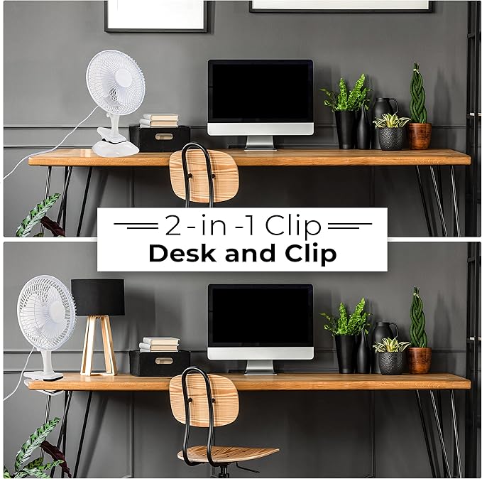 RamPro Portable Desk and Clip on Fan, 6 Inch Fans Small and Quiet Plug In, Small Personal Cooling Fan for Desk Home Bedroom Office, 2 Speed, Adjustable Tilt, White