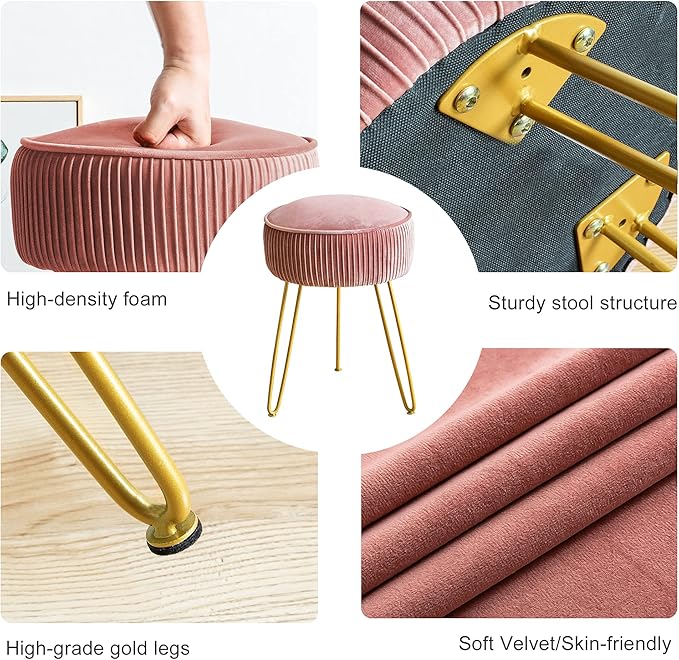 LUE BONA Velvet Vanity Stool for Makeup Room, Modern Ottoman Footrest with Metal Legs, Pink