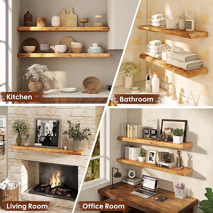 Floating Shelves Set of 2, Solid Elm Wood Wall Shelves 36 Inch - Invisible Bracket Mount for Living Room, Bedroom, Kitchen, Bathroom - Natural