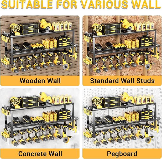 Power Tool Organizer Wall Mount Loads 300 lbs，Heavy Duty Metal 3 Layers Extra Tall Storage Rack with 8 Drill Holders & Battery Storage，Cordless Utility Tool Shelf for Garage, Workshop