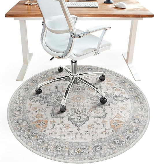 60"x60" Office Chair Mat for Hardwood Tile Floor, Under Desk Carpet Protector for Rolling Computer Chair Mat, Machine Washable Round Area Rug, Anti-Slip 1/5" Thick Low Pile Thin Floor Mat, Taupe