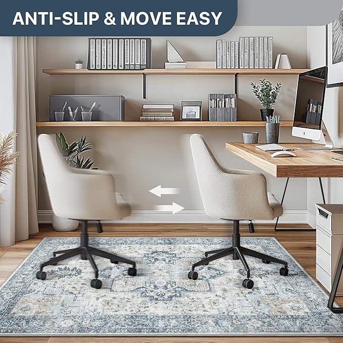 48"x48" Office Chair Mat for Hardwood Tile Floor, Under Desk Carpet Protector for Rolling Computer Chair Mat, Machine Washable Round Area Rug, Anti-Slip 1/5" Thick Low Pile Thin Floor Mat, Blue