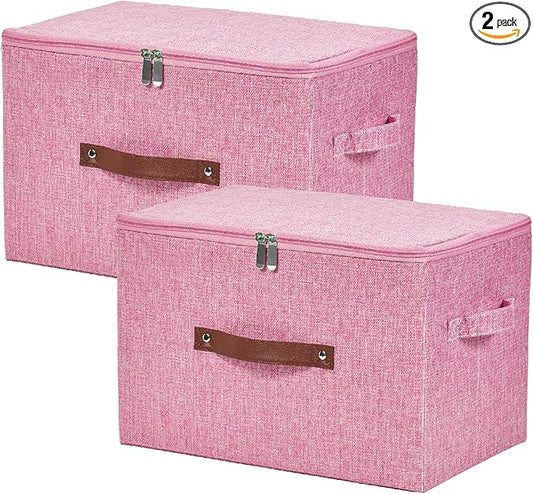 2 Pack Storage Bins with Zipper Lid Cotton Linen Fabric Lidded Storage Baskets Boxes Foldable Washable Closet Shelf Clothes Organizer Container with PU Leather Handles (Pink, Large)
