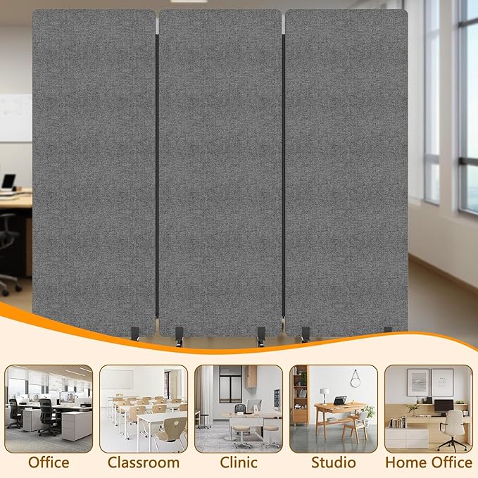 72"x66" Soundproof Room Divider Panel with Wheels, Office Partition Wall 3 Panel Portable Room Temporary Wall Privacy Screen for Office Home Classroom Divider Freestanding Dark Gray