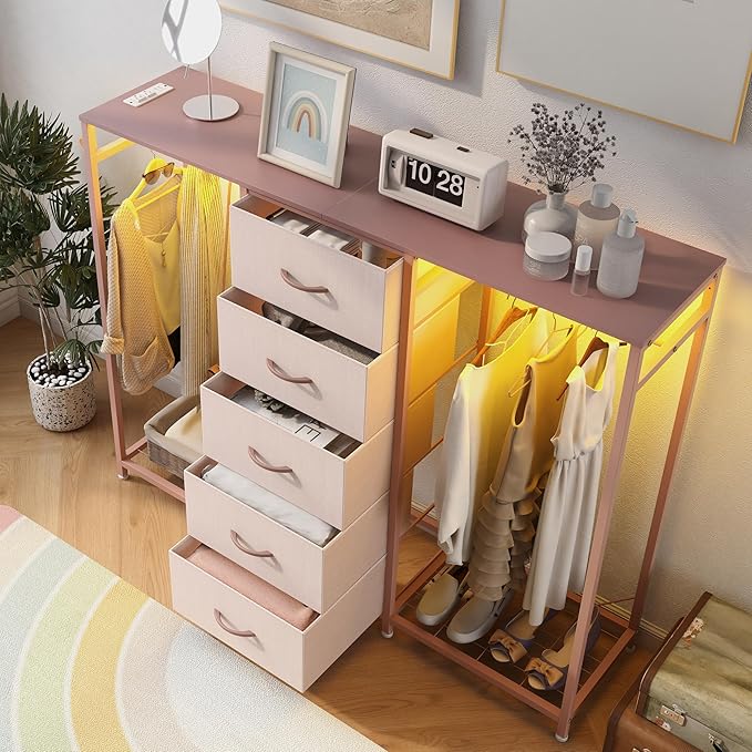 Espelism Dresser for Bedroom with Clothes Rack 5 Drawer Dresser with Charging Station LED Lights White Chest of Drawers Flexible Shelf and Open Storage Space for Bedroom Living Room (Pink)