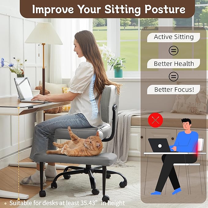 Ergonomic Criss Cross Legged Office Chair, ADHD Chair, 360° Swivel Meditation Kneeling Chair with Wheels, Adjustable Footrest, Bigger & Wider Height Adjustable Seat, Strong Lumbar Support, Grey PU