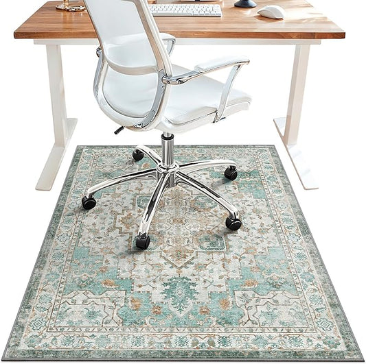 48"x60" Office Chair Mat for Hardwood Tile Floor, Under Desk Carpet Protector for Rolling Computer Chair Mat, Machine Washable Area Rug, Anti-Slip 1/5" Thick Low Pile Thin Vinyl Floor Mat, Cyan