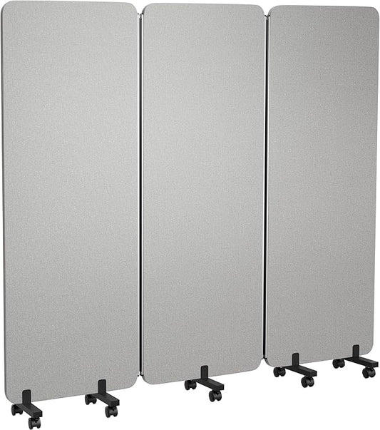 3 Panel Foldable Office Partitions, Mobile Cubicle Wall with Wheels, 71 x 66 Inch Noise Cancelling & Sound Proof Room Dividers Partition Wall, Aluminum Frame Gray