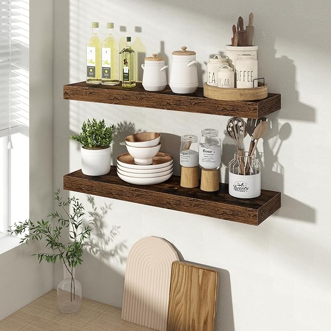 Acovy 24 Inch Floating Shelves for Wall 2 Pack, 24" Wall Shelves for Books, Storage, Decor, Wall Mounted Floating Shelf with Invisible Brackets for Kitchen, Living Room, Brown