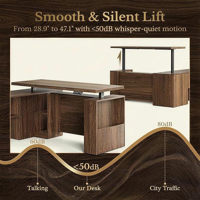 63 Inches L Shaped Standing Desk, Executive Standing Desk with Drawers and File Cabinet, AC/USB, 1.18" Desktop, Multi-sized Storage Cubby, Privacy Panel, Fluted Computer Desk, Black Walnut