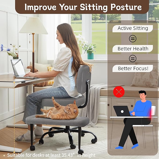 Ergonomic Criss Cross Legged Office Chair, ADHD Chair, 360° Swivel Meditation Kneeling Chair with Wheels, Adjustable Footrest, Bigger & Wider Height Adjustable Seat, Strong Lumbar Support, Greycloth