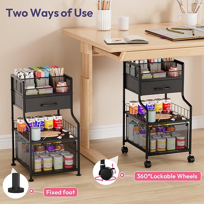SWTYMIKI Rolling Under Desk Storage - Storage Cart with Drawers & DIY Divider - Art Cart Organizer on Wheels - Craft Rolling Utility Cart for Office, Craft Room & Studio Black
