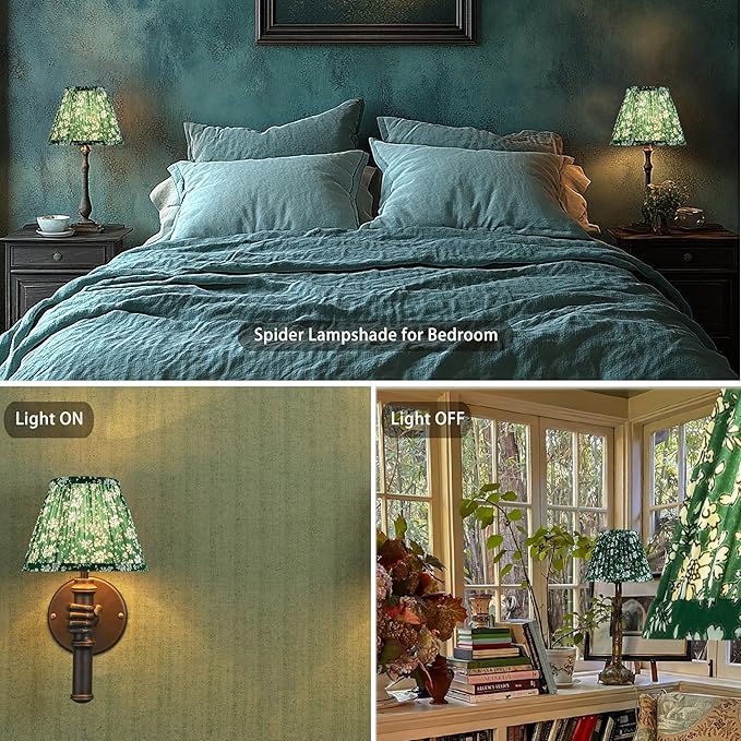 GO&SO Pleated Lamp Shades Set of 2 Small Mini, 5"×9"×6.4"(Spider) Farmhouse Floral- Soft Green Textured Fabric Crinkle Lamp Shade for Table Lamps and Wall Lamp Cafe Decor,Bell Lampshade Replacement
