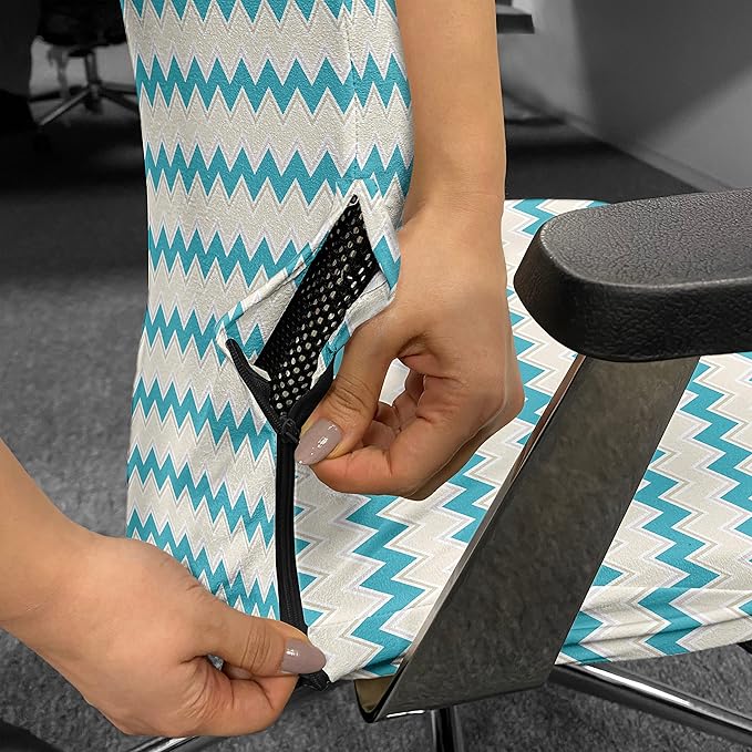 Ambesonne Teal Office Chair Cover, Horizontal Zigzag Lines Chevron Triangles Pattern Simple Classical Geometric Design, Stretchable Decorative Universal Size High Back Printed Slipcover, Cream Teal