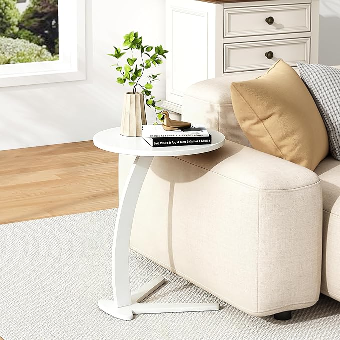C Shaped End Table, Small Round Side Table for Couch, Slide Under Sofa Tray Desk for Living Room Bedroom, Solid Wood TV Tray Table for Narrow Space (15” White)