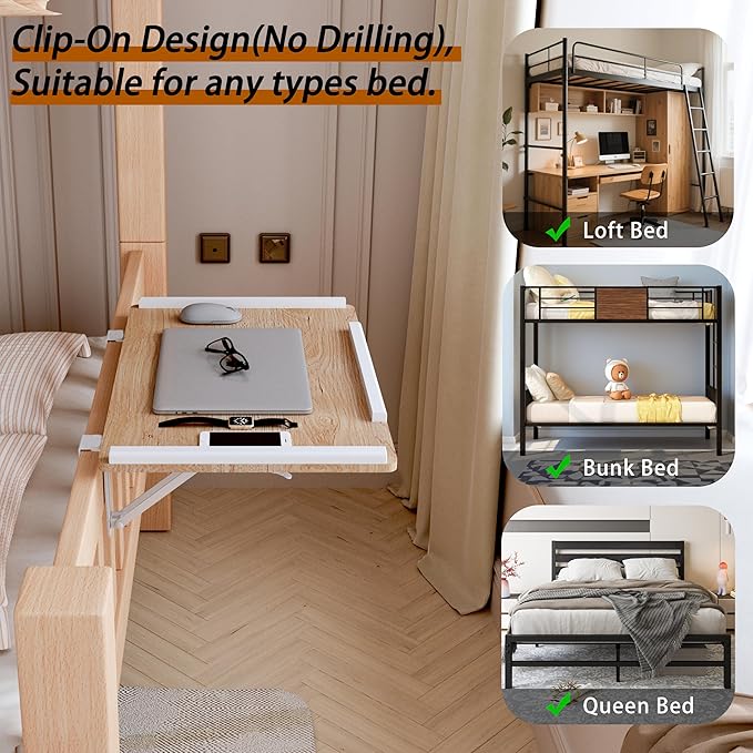Foldable-Bedside-Shelf-for-Bunk-Bed - Extra Large Metal Clamp On Top Bunk Accessories Heavy Duty Floating Caddy Tray for Dorm Room Essential-White