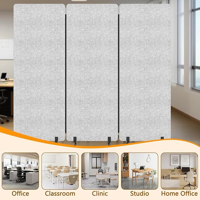 72"x66" Soundproof Room Divider Panel with Wheels, Office Partition Wall 3 Panel Portable Room Temporary Wall Privacy Screen for Office Home Classroom Divider Freestanding Light Grey