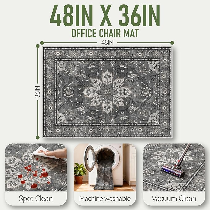 36"x48" Office Chair Mat for Hardwood, Under Desk Chair Mat for Home Office, Anti-Slip Office Rugs for Rolling Chairs, Floor Protector Washable Rugs Charcoal Gray