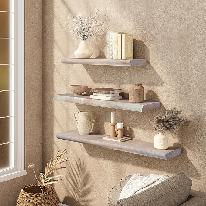 Live Edge Floating Shelves Set of 2, 36 Inch Solid Elm Wood Wall Shelves - Invisible Bracket Mount for Living Room, Bedroom, Kitchen, Bathroom | Weathered Gray
