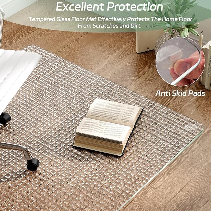 GLSLAND 46"x55" Tempered Glass Chair Mat – Checkered Patterned Heavy Duty Floor Mats Protector for Hardwood Floors & Carpet, Decorative Home and Office Desk