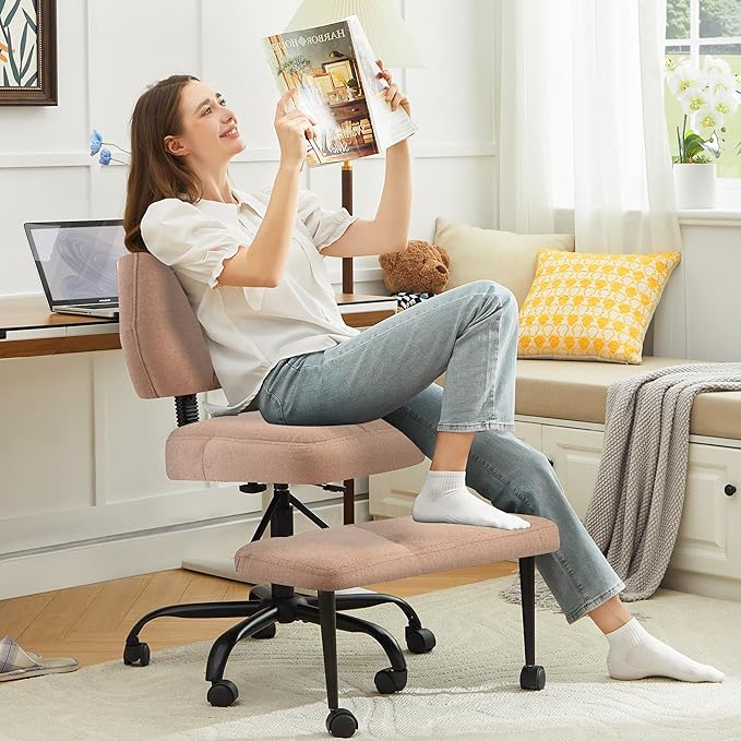 Ergonomic Criss Cross Legged Office Chair, ADHD Chair, 360° Swivel Meditation Kneeling Chair with Wheels, Adjustable Footrest, Bigger & Wider Height Adjustable Seat, Strong Lumbar Support, Browncloth