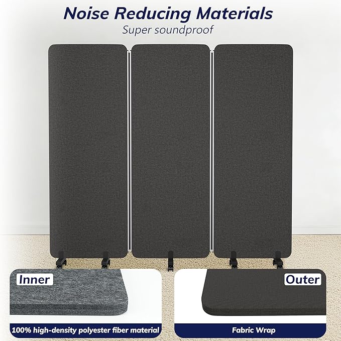 3 Panel Foldable Office Partitions, Mobile Cubicle Wall with Wheels, 71 x 66 Inch Noise Cancelling & Sound Proof Room Dividers Partition Wall, Aluminum Frame Dark Gray