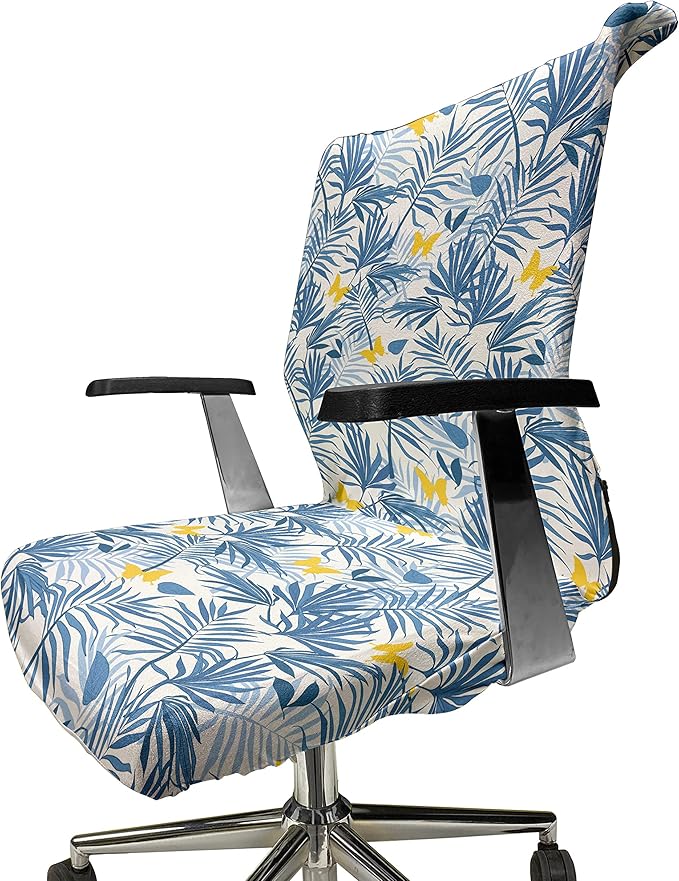 Ambesonne Tropical Office Chair Cover, Exotic Palm Leaves and Butterflies, Stretchable Decorative Universal Size High Back Printed Slipcover, Blue Azure
