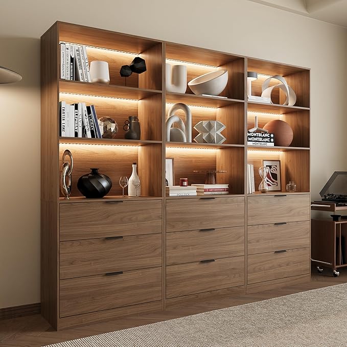 Mekminop 3PCS Lighted Bookshelf and Bookcase, 5-Tier Modern Bookshelves with 3 Large Drawers, Display Cabinet with Lage Storage Shelves for Home Office