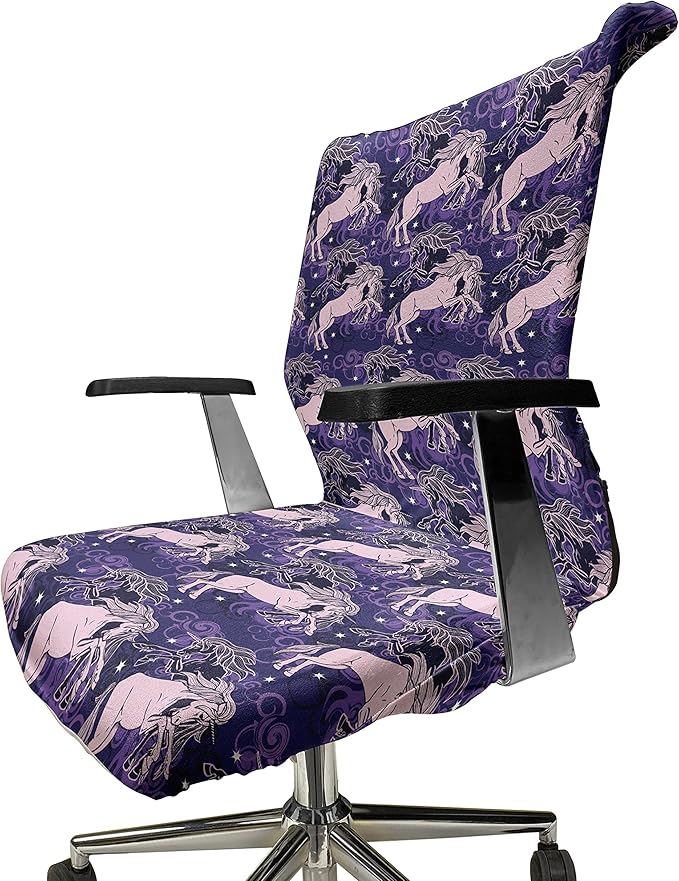 Ambesonne Unicorn Office Chair Cover, Dreamy Star Mystic Creature Galloping Among Night Clouds Cosmos Theme, Stretchable Decorative Universal Size High Back Printed Slipcover, Lilac Indigo